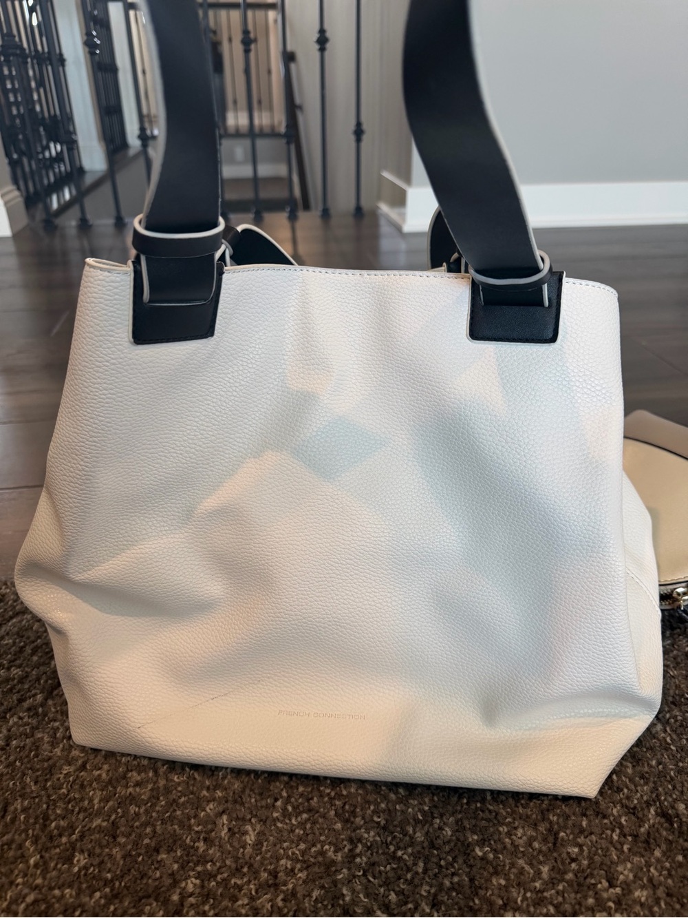 French Connection White Pebbled Tote with Black Handles